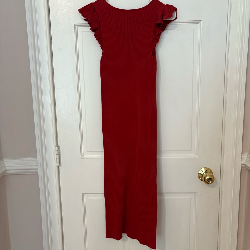 Hatch Collection Chloe Sweater Dress in Red with Ruffle shoulders - Picture 2 of 5